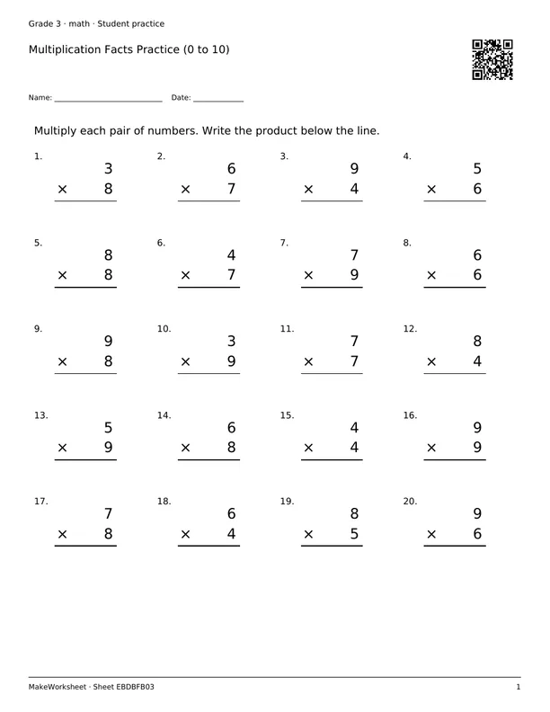 Multiplication Facts Practice (0 to 10): first student practice page