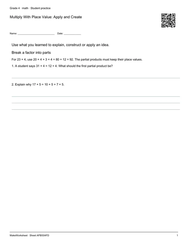 Multiply With Place Value: Apply and Create: first student practice page