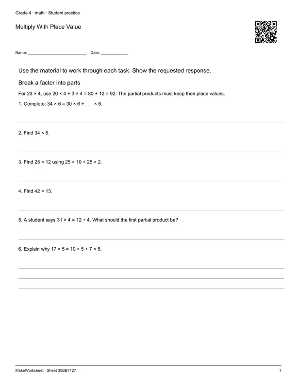 Multiply With Place Value: first student practice page