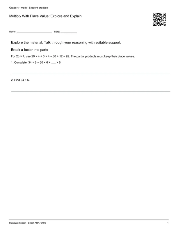 Multiply With Place Value: Explore and Explain: first student practice page