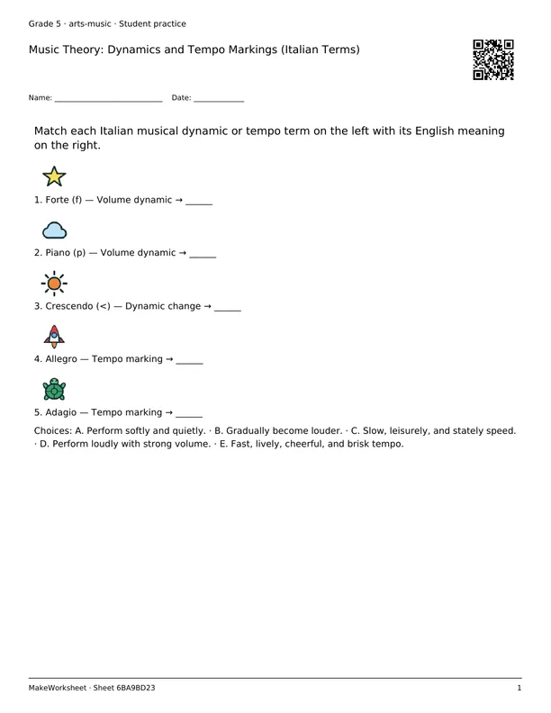 Music Theory: Dynamics and Tempo Markings (Italian Terms): first student practice page