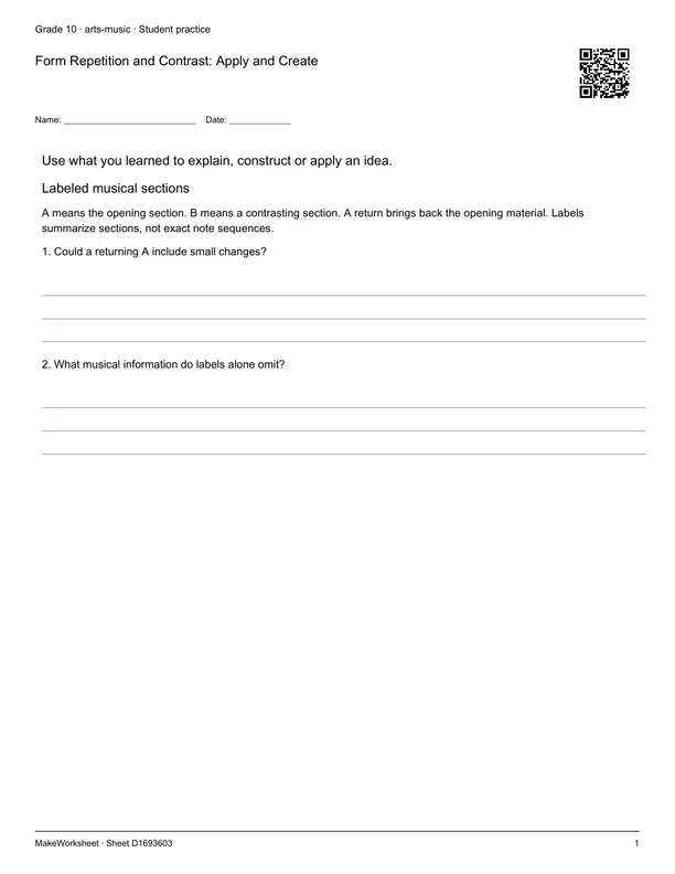 Form Repetition and Contrast: Apply and Create: first student practice page