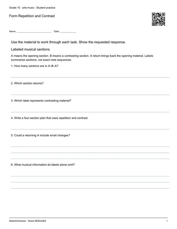 Form Repetition and Contrast: first student practice page