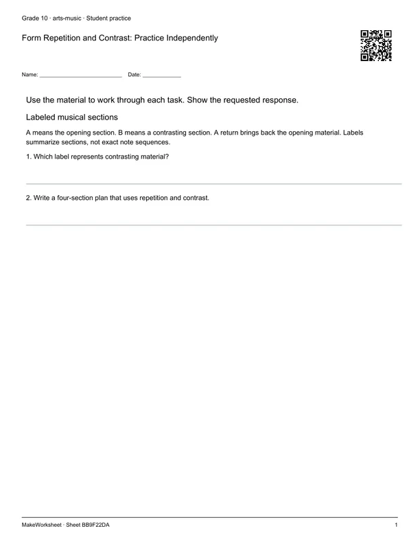 Form Repetition and Contrast: Practice Independently: first student practice page