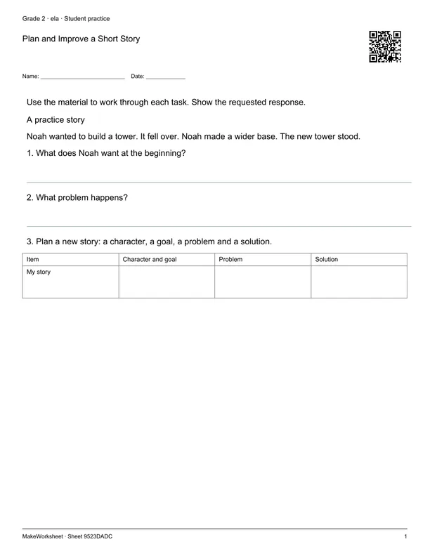 Plan and Improve a Short Story: first student practice page