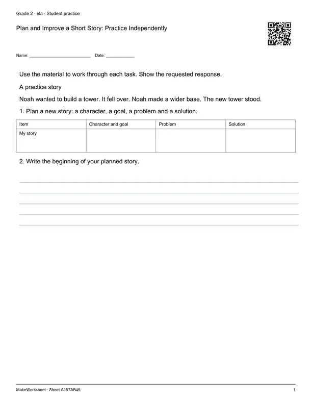 Plan and Improve a Short Story: Practice Independently: first student practice page