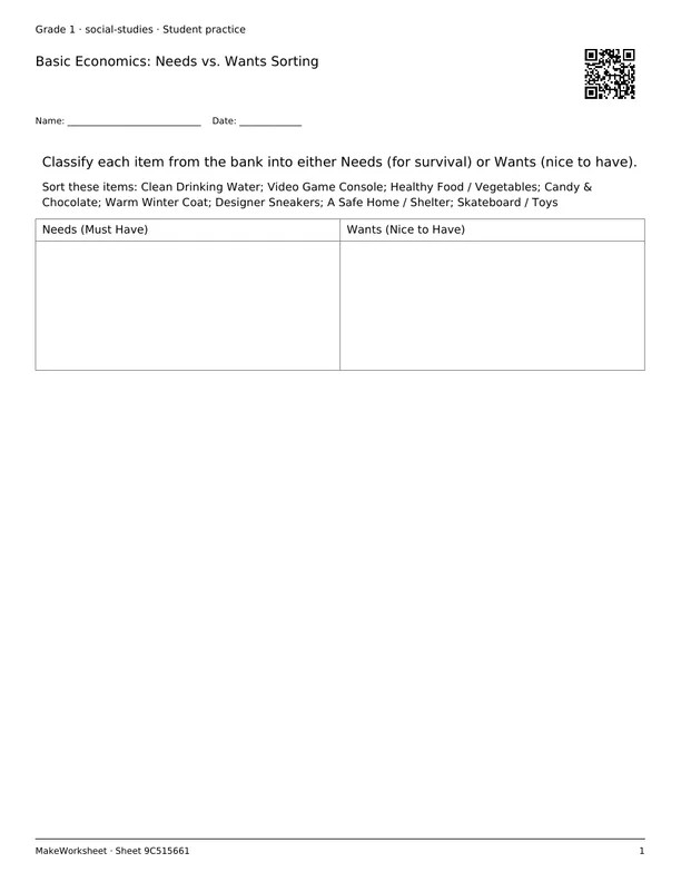 Basic Economics: Needs vs. Wants Sorting: first student practice page