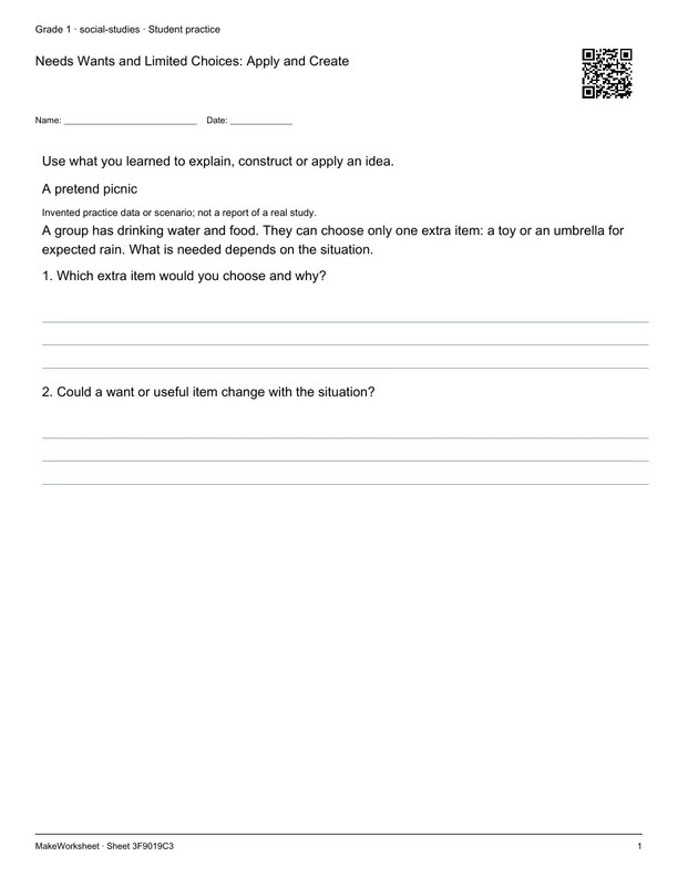 Needs Wants and Limited Choices: Apply and Create: first student practice page
