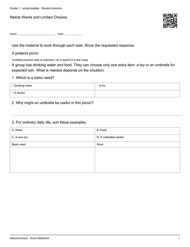 Needs Wants and Limited Choices: first student practice page