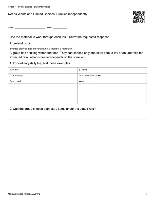 Needs Wants and Limited Choices: Practice Independently: first student practice page