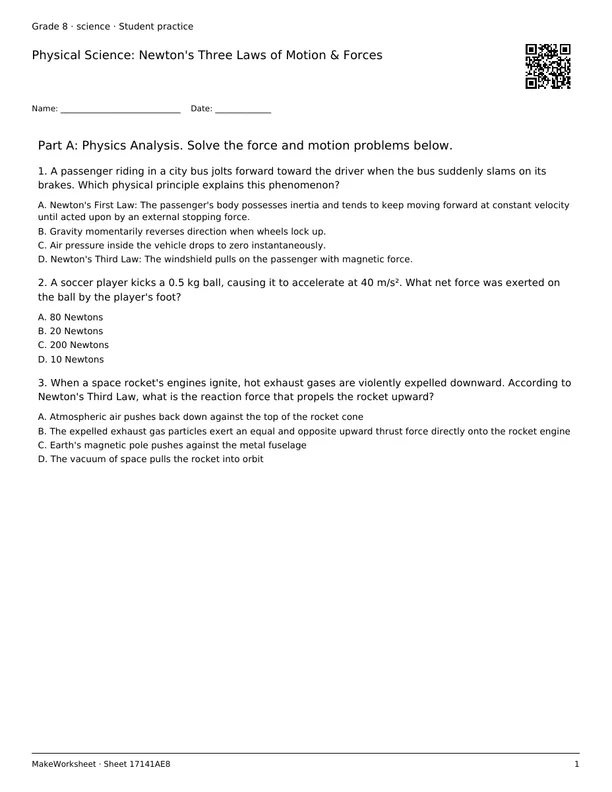Physical Science: Newton's Three Laws of Motion & Forces: first student practice page