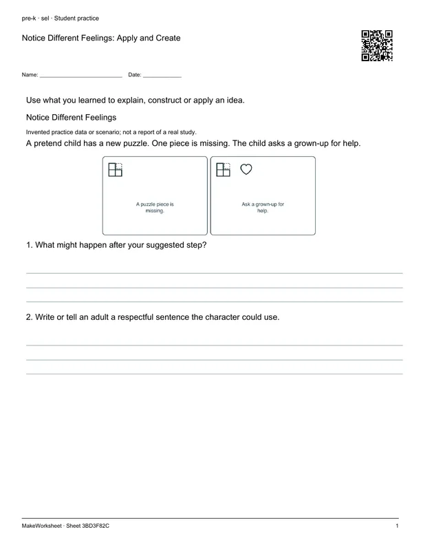 Notice Different Feelings: Apply and Create: first student practice page