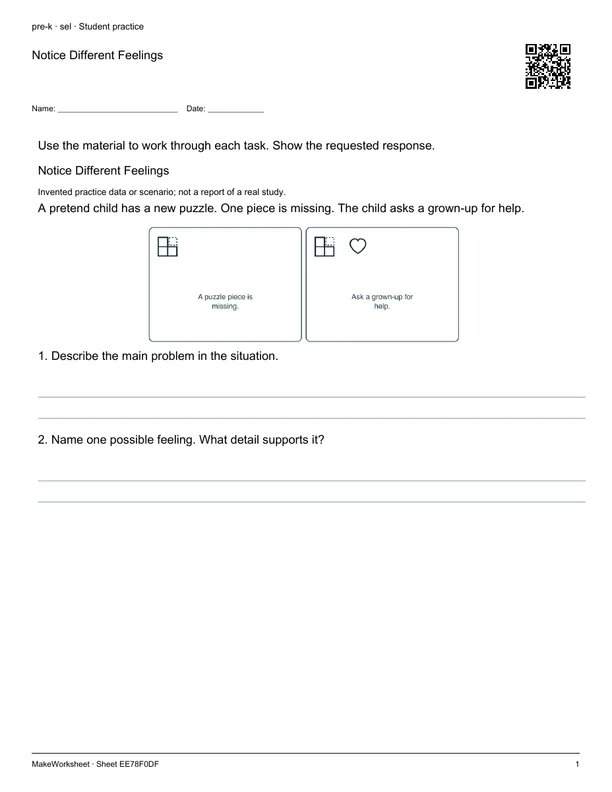 Notice Different Feelings: first student practice page
