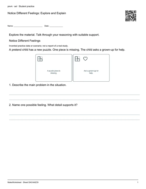 Notice Different Feelings: Explore and Explain: first student practice page