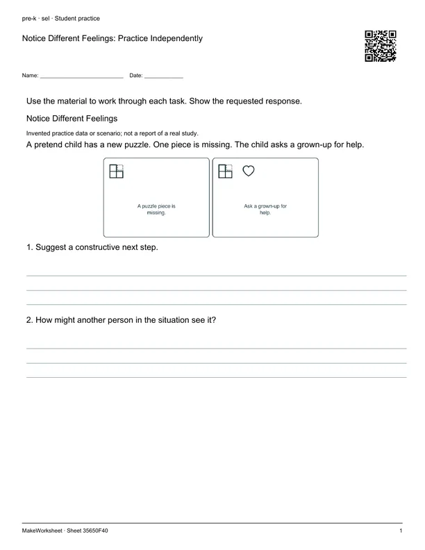 Notice Different Feelings: Practice Independently: first student practice page