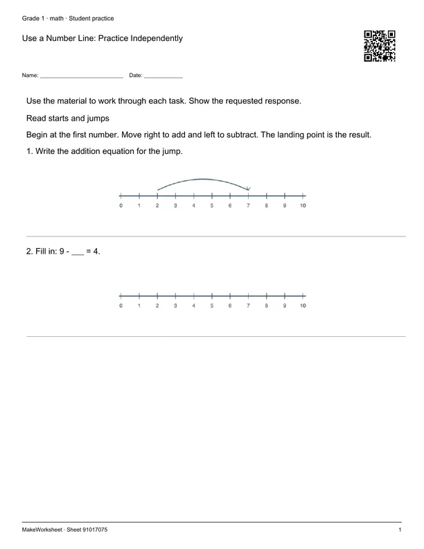 Use a Number Line: Practice Independently: first student practice page