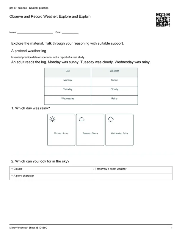 Observe and Record Weather: Explore and Explain: first student practice page