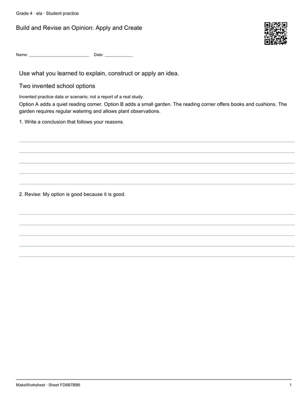 Build and Revise an Opinion: Apply and Create: first student practice page