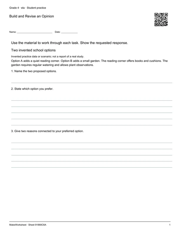 Build and Revise an Opinion: first student practice page