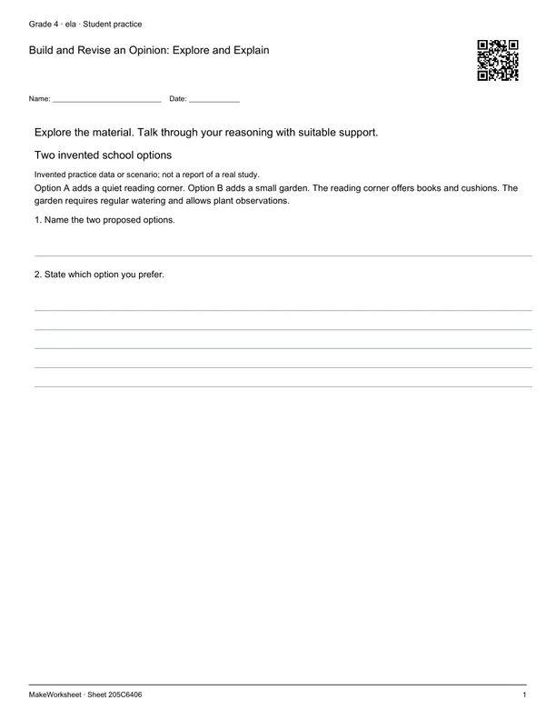 Build and Revise an Opinion: Explore and Explain: first student practice page