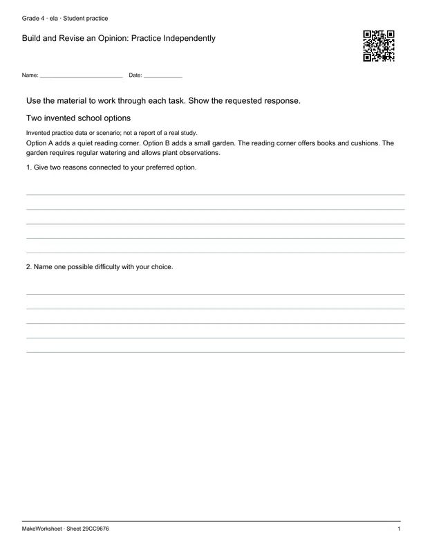 Build and Revise an Opinion: Practice Independently: first student practice page