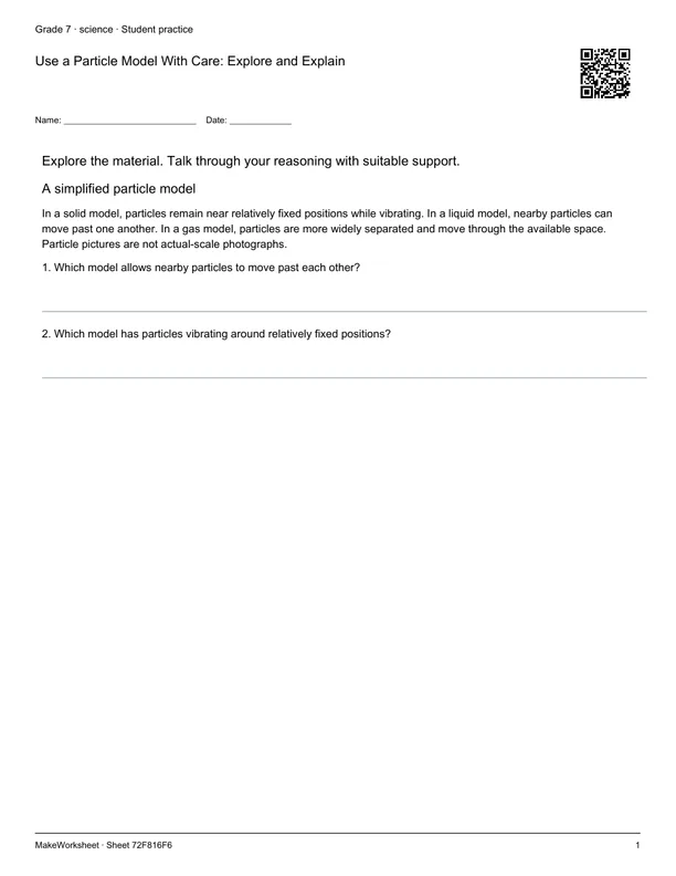 Use a Particle Model With Care: Explore and Explain: first student practice page
