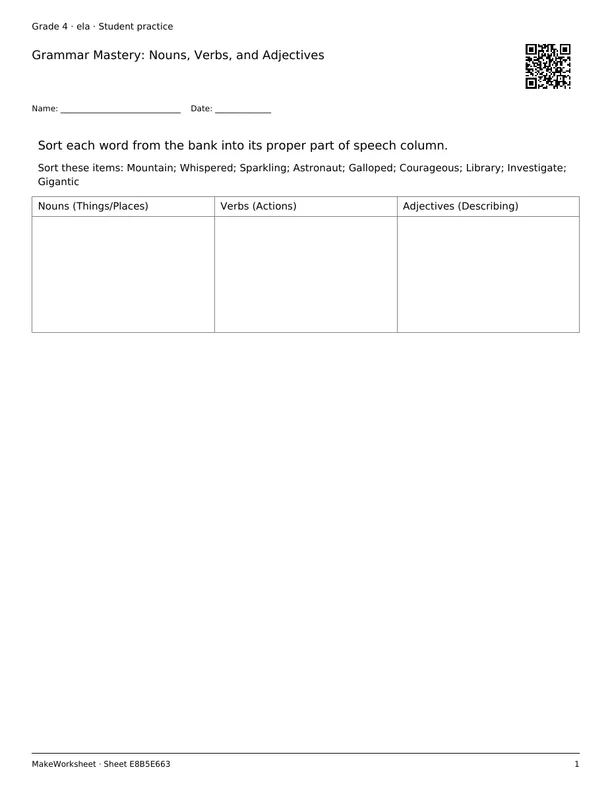 Grammar Mastery: Nouns, Verbs, and Adjectives: first student practice page