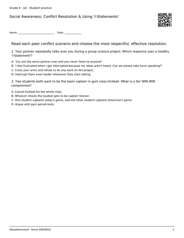 Social Awareness: Conflict Resolution & Using 'I-Statements': first student practice page