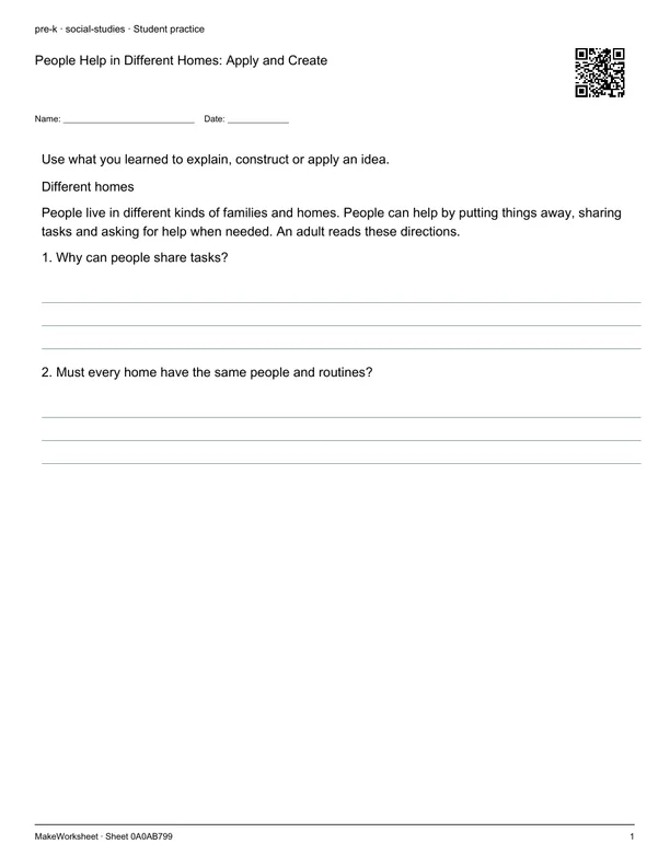 People Help in Different Homes: Apply and Create: first student practice page