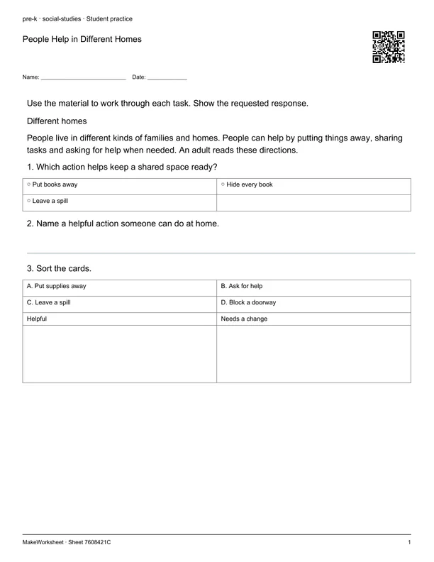 People Help in Different Homes: first student practice page