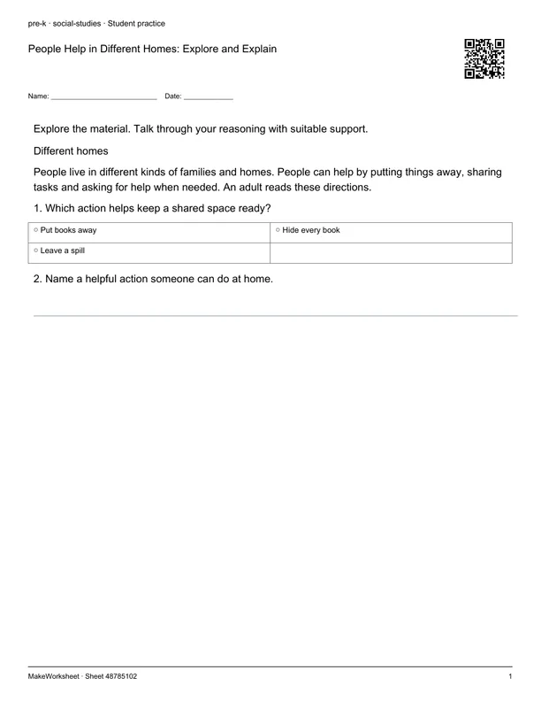 People Help in Different Homes: Explore and Explain: first student practice page