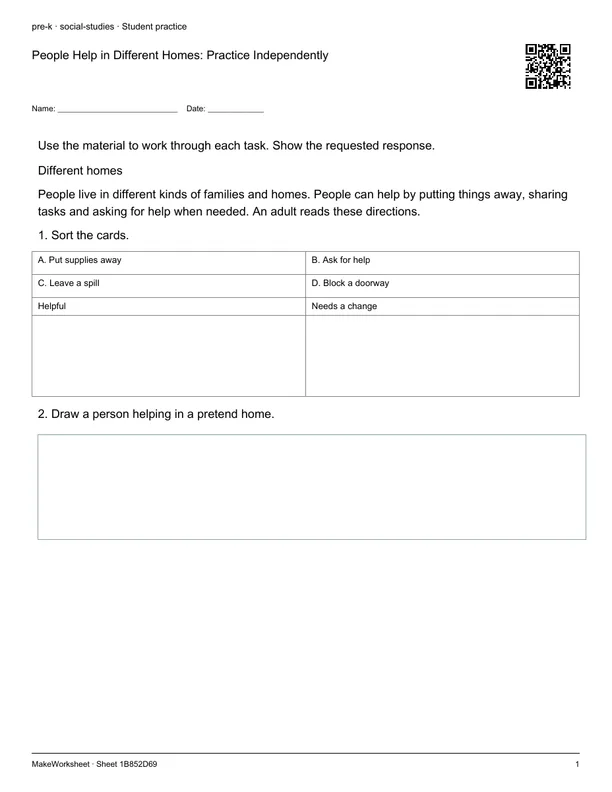 People Help in Different Homes: Practice Independently: first student practice page