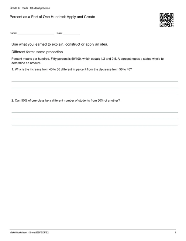 Percent as a Part of One Hundred: Apply and Create: first student practice page