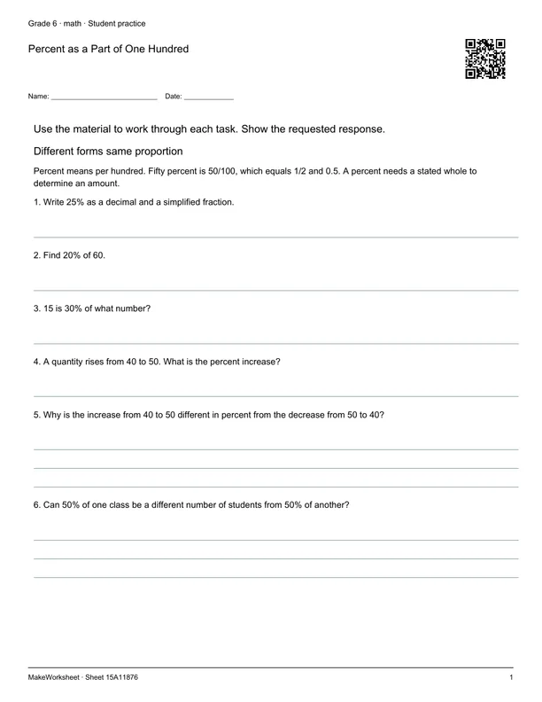 Percent as a Part of One Hundred: first student practice page