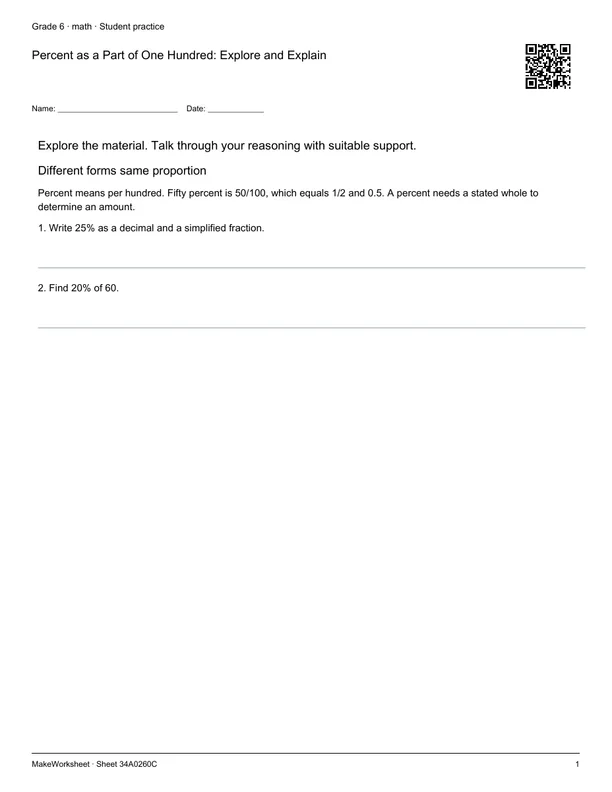 Percent as a Part of One Hundred: Explore and Explain: first student practice page