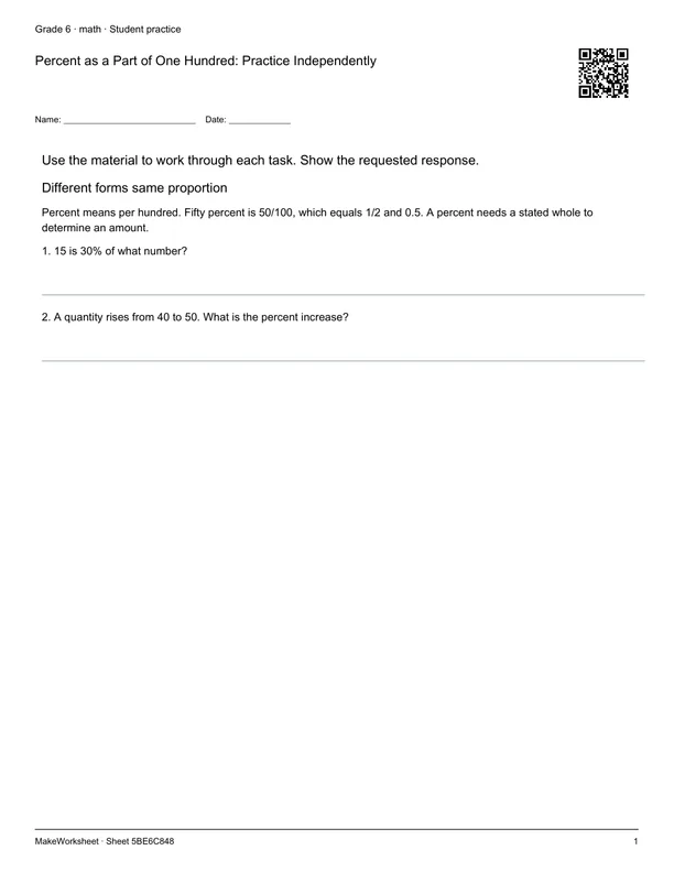 Percent as a Part of One Hundred: Practice Independently: first student practice page