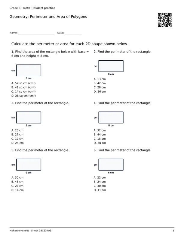 Geometry: Perimeter and Area of Polygons: first student practice page