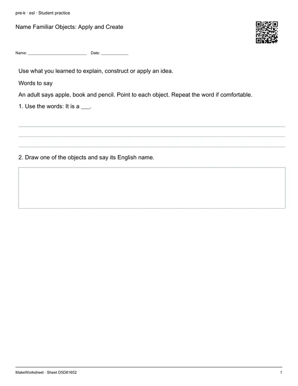 Name Familiar Objects: Apply and Create: first student practice page
