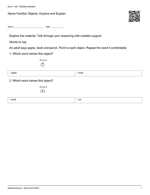 Name Familiar Objects: Explore and Explain: first student practice page