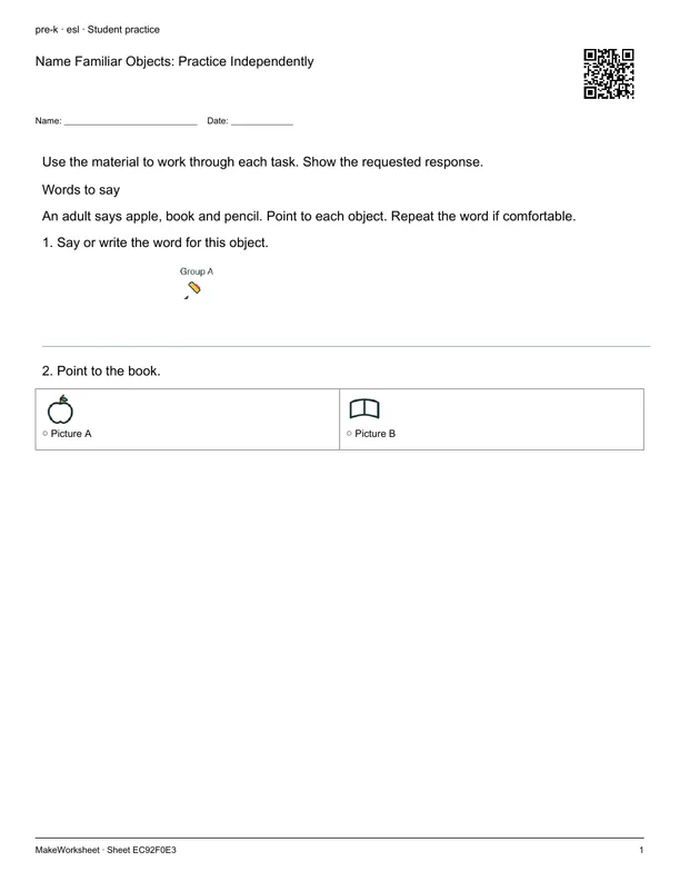 Name Familiar Objects: Practice Independently: first student practice page