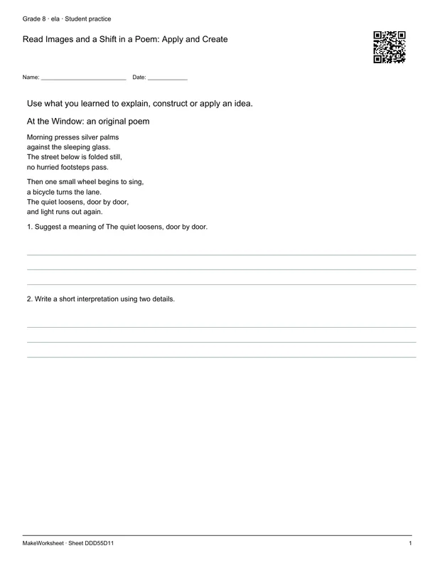 Read Images and a Shift in a Poem: Apply and Create: first student practice page