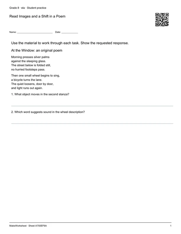 Read Images and a Shift in a Poem: first student practice page