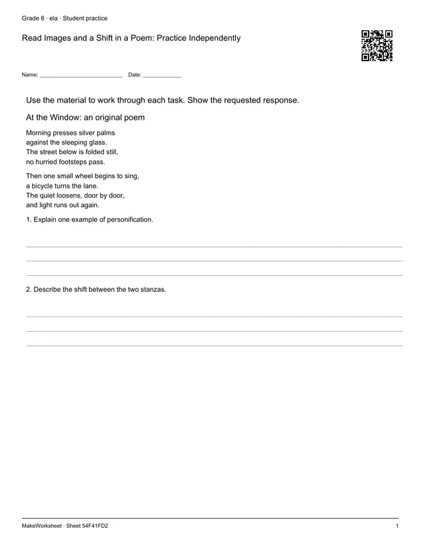 Read Images and a Shift in a Poem: Practice Independently: first student practice page