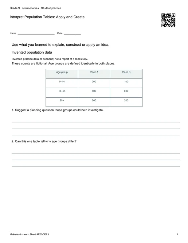 Interpret Population Tables: Apply and Create: first student practice page