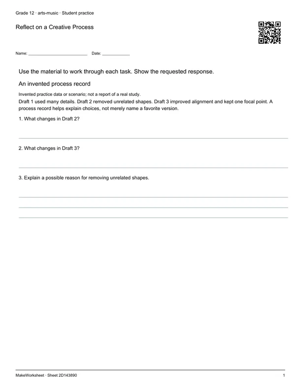Reflect on a Creative Process: first student practice page