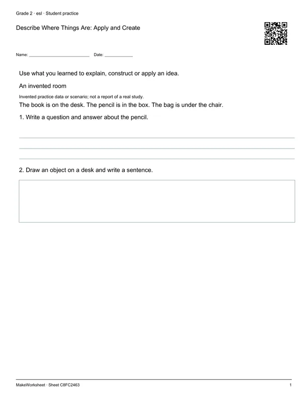 Describe Where Things Are: Apply and Create: first student practice page