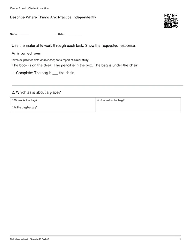 Describe Where Things Are: Practice Independently: first student practice page