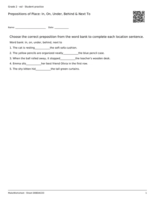Prepositions of Place: In, On, Under, Behind & Next To: first student practice page