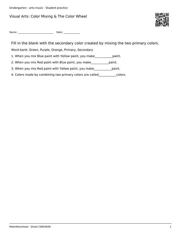 Visual Arts: Color Mixing & The Color Wheel: first student practice page