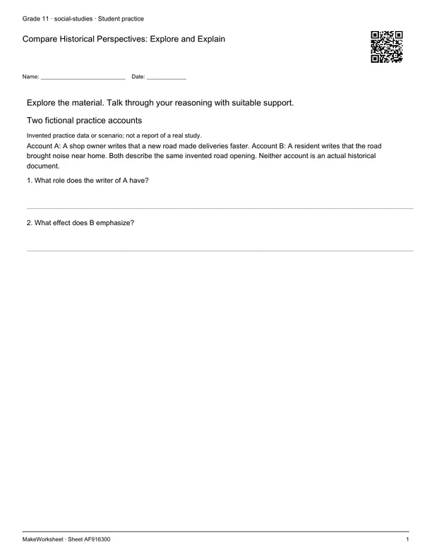 Compare Historical Perspectives: Explore and Explain: first student practice page
